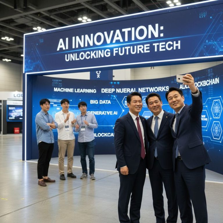 대기업 임원들이 AI 키워드 현수막 앞에서 셀카를 찍고 있고, 스타트업 대표들은 뒤에 서 있다.