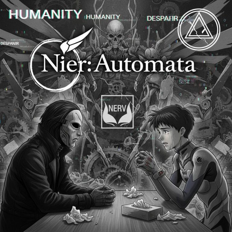 울먹이며 서로 마주보는 요코 타로(가면 착용)와 이카리 신지, 배경엔 Nier와 에바의 심볼이 섞여 있는 혼돈의 한 장면