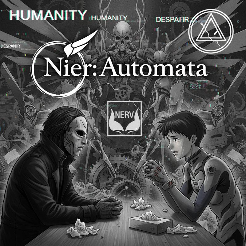 울먹이며 서로 마주보는 요코 타로(가면 착용)와 이카리 신지, 배경엔 Nier와 에바의 심볼이 섞여 있는 혼돈의 한 장면