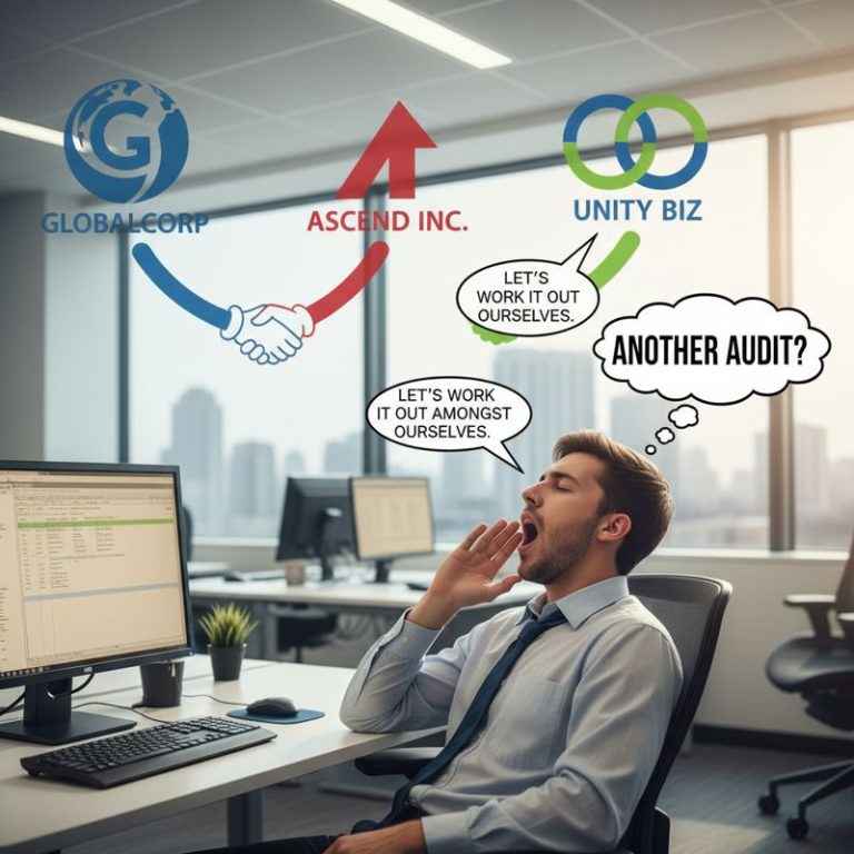 한 직원이 '또 점검한다고?' 하품하고 있고, 뒤에는 대기업 로고 캐릭터들이 악수하며 비밀스럽게 웃고 있음.