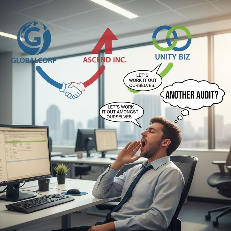 한 직원이 '또 점검한다고?' 하품하고 있고, 뒤에는 대기업 로고 캐릭터들이 악수하며 비밀스럽게 웃고 있음.