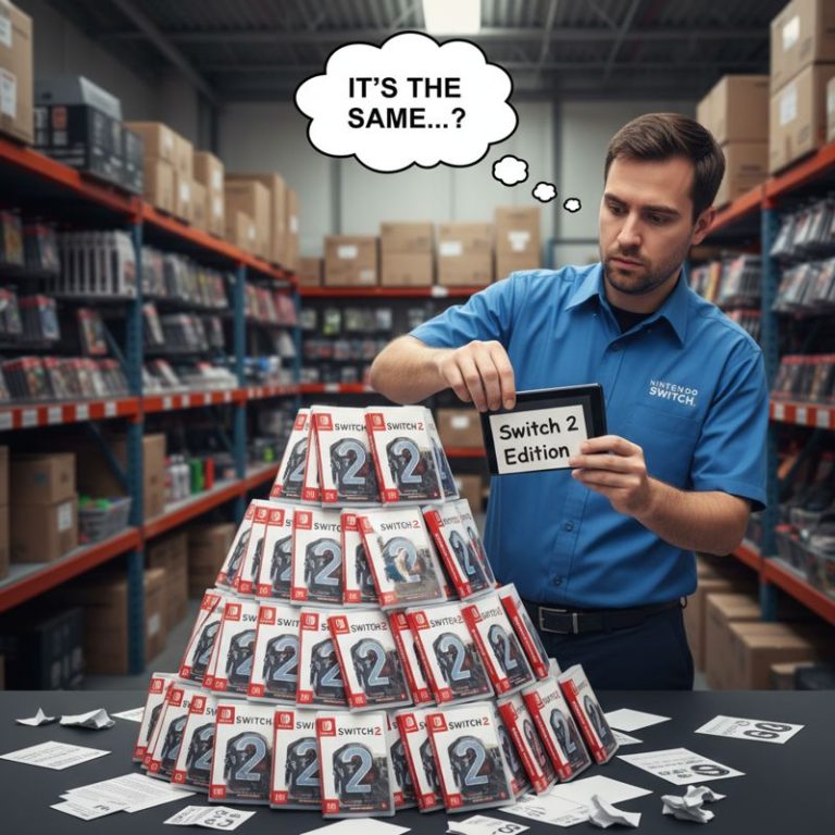 닌텐도 직원이 기존 게임 패키지에 'Switch 2 Edition' 스티커만 붙이며 고개를 갸웃하는 장면