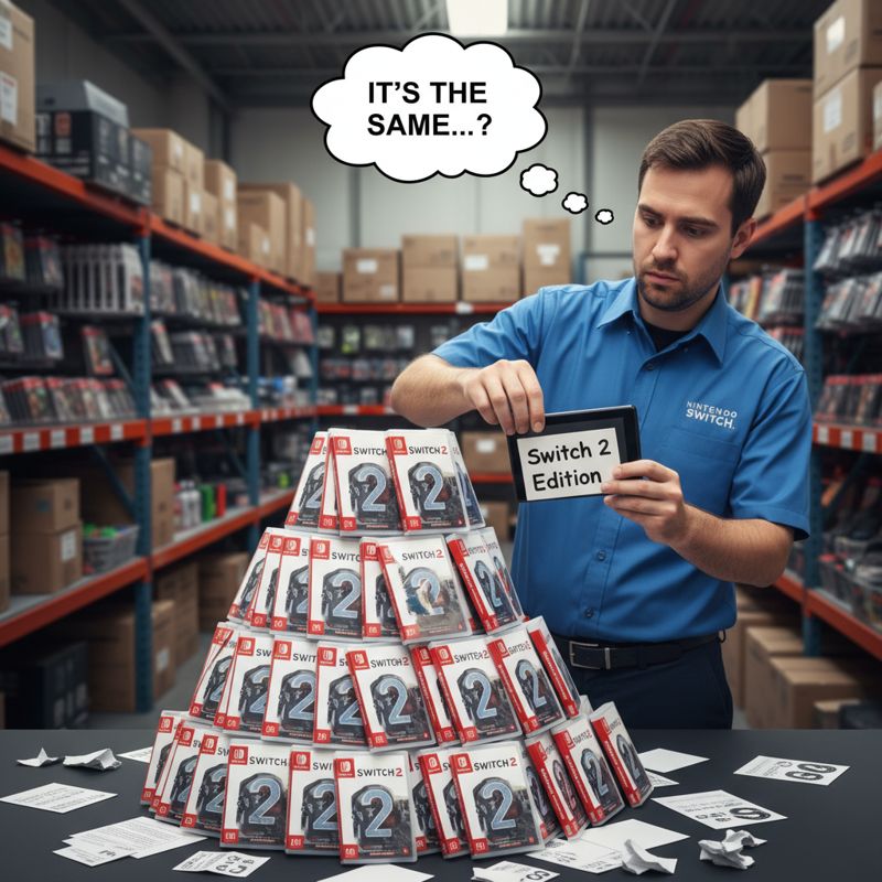 닌텐도 직원이 기존 게임 패키지에 'Switch 2 Edition' 스티커만 붙이며 고개를 갸웃하는 장면