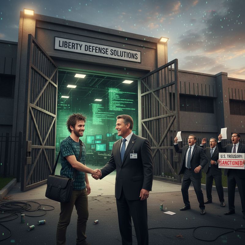 러시아 해커가 열린 문을 통해 미 방산업체에 들어가고, 멀리서 미 재무부가 '제재'를 외치는 만화