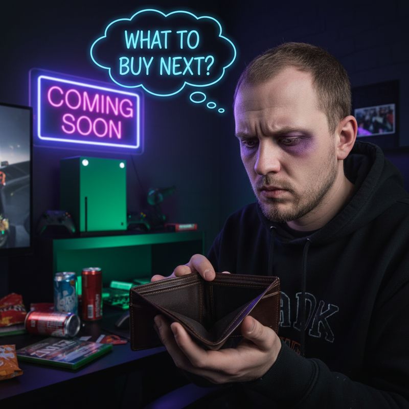 지갑을 들여다보는 피곤한 게이머와 뒤에서 빛나는 Xbox 신제품