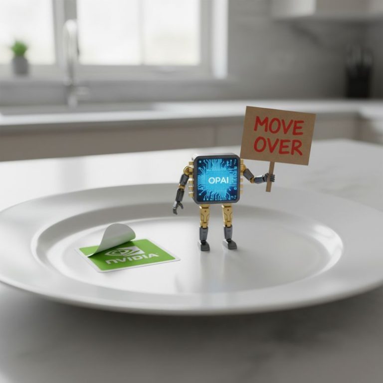 OpenAI 칩이 접시 위에서 Nvidia를 밀어내며 승리를 자축하는 장면