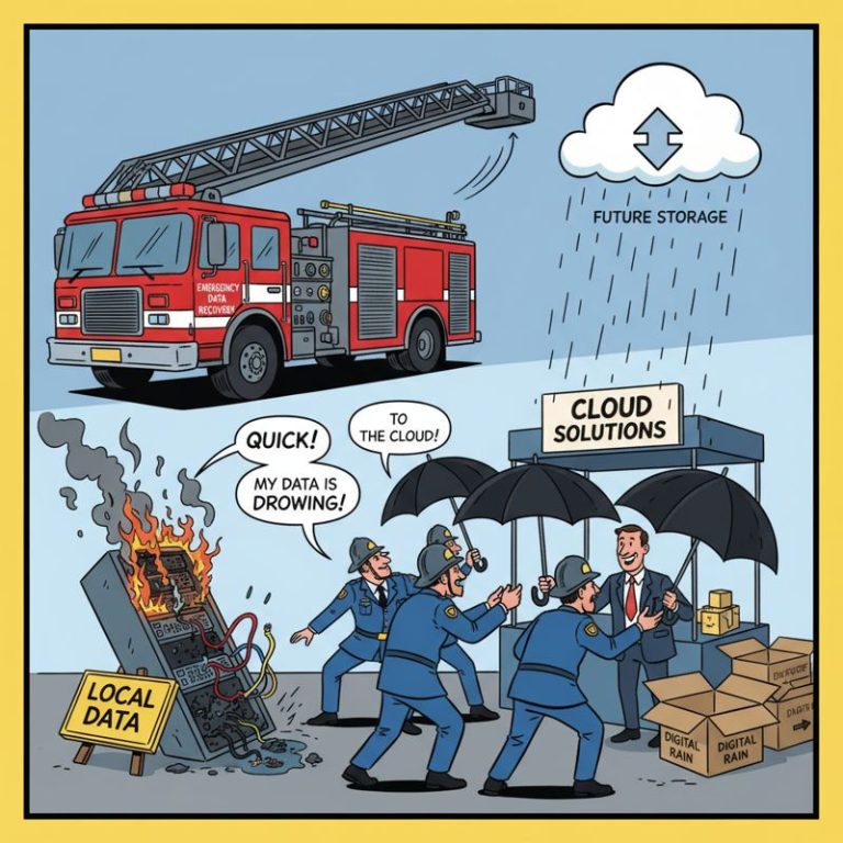 불탄 서버 앞에서 뒤늦게 우산을 펴는 공무원들, 구석엔 클라우드 아이콘