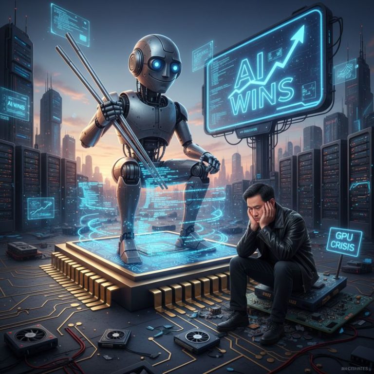 큰 칩 위의 로봇과 당황한 젠슨 황