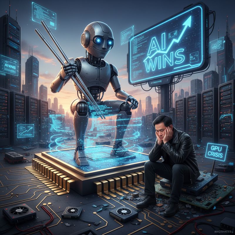 큰 칩 위의 로봇과 당황한 젠슨 황