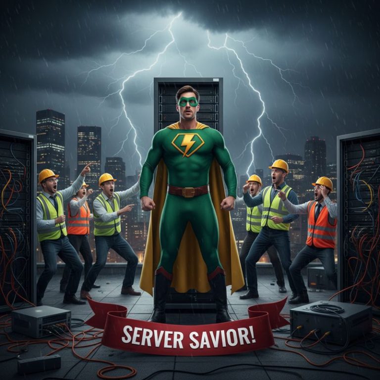 비바람 몰아치는 옥상에 세워진 러기드 서버와 놀라는 통신업체 직원들