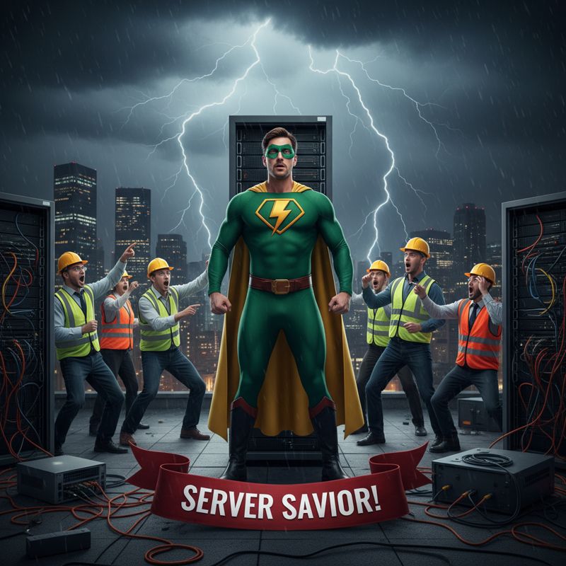 비바람 몰아치는 옥상에 세워진 러기드 서버와 놀라는 통신업체 직원들