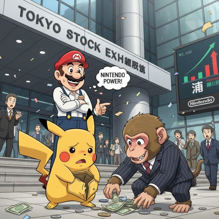 피카츄가 지갑을 잃는 모습과 행복한 표정의 닌텐도 관계자