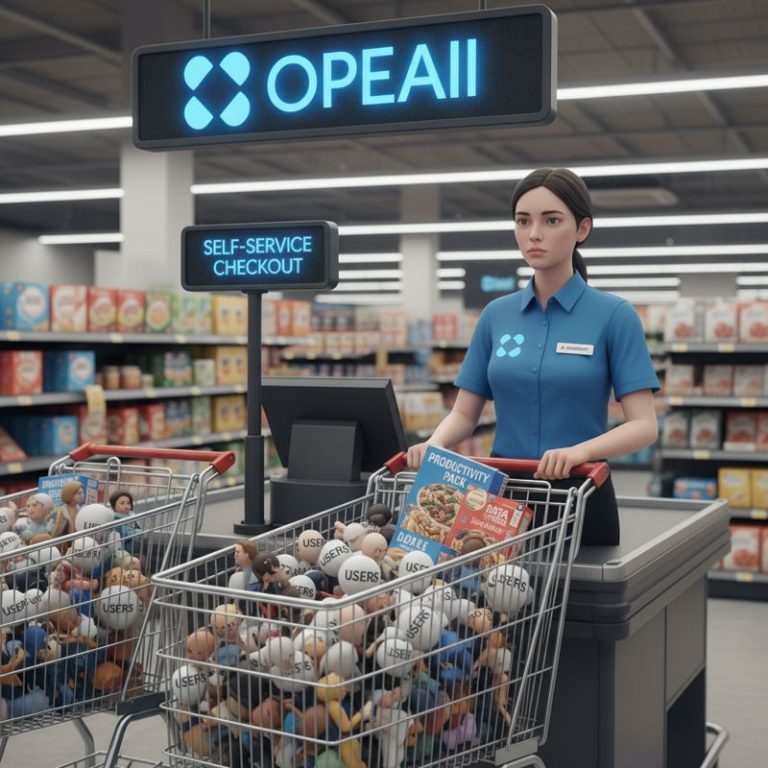 OpenAI 로고를 단 캐셔가 9억 명의 사용자로 가득 찬 카트를 계산하는 모습