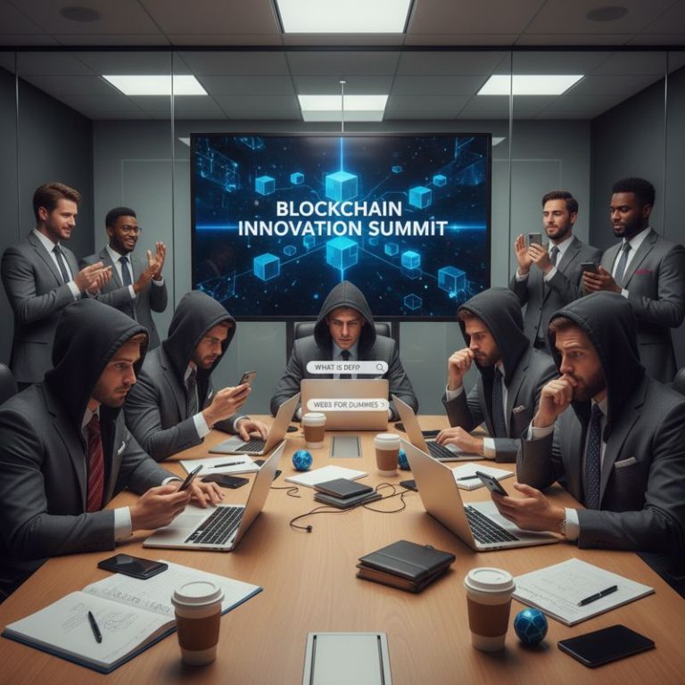 전통적인 은행원들이 블록체인과 스테이블코인에 대해 어리둥절해하는 모습