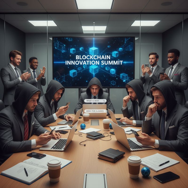 전통적인 은행원들이 블록체인과 스테이블코인에 대해 어리둥절해하는 모습