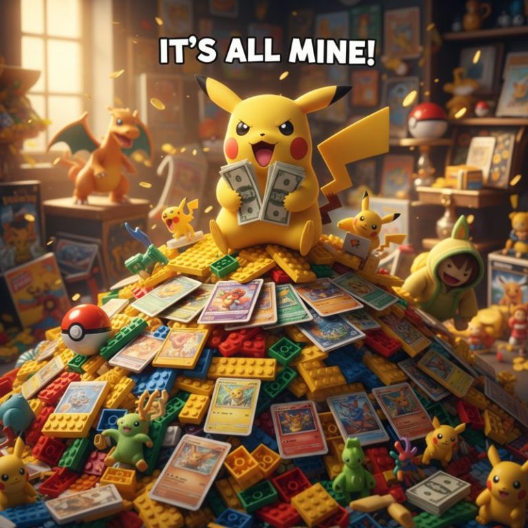 피카츄가 포켓몬 30주년 굿즈와 현금을 모으고 있는 모습