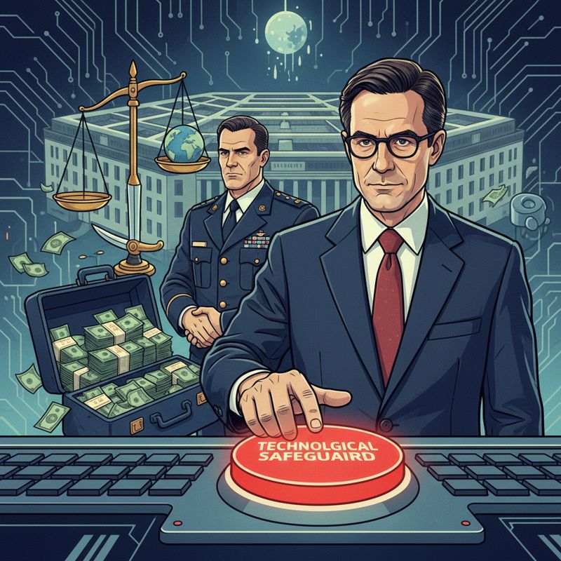 샘 알트만이 기술적 안전장치 버튼을 누르며 국방부와 악수하는 장면