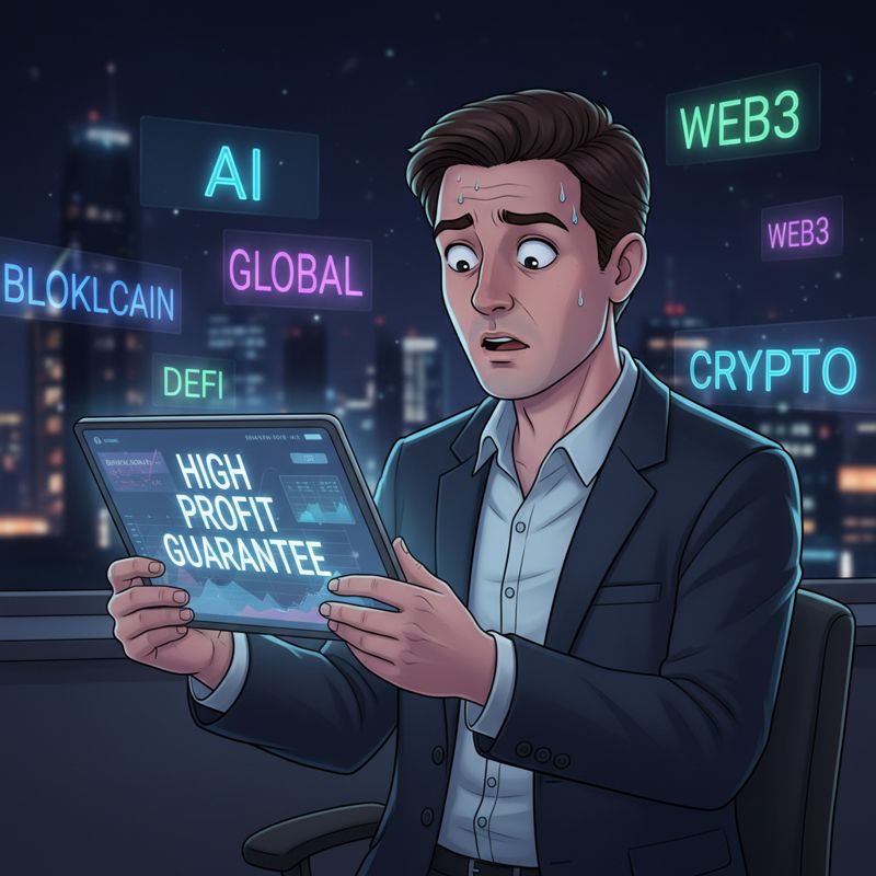 AI와 가상자산 수익률로 현혹된 직장인이 가짜 거래소 화면을 경계하는 모습