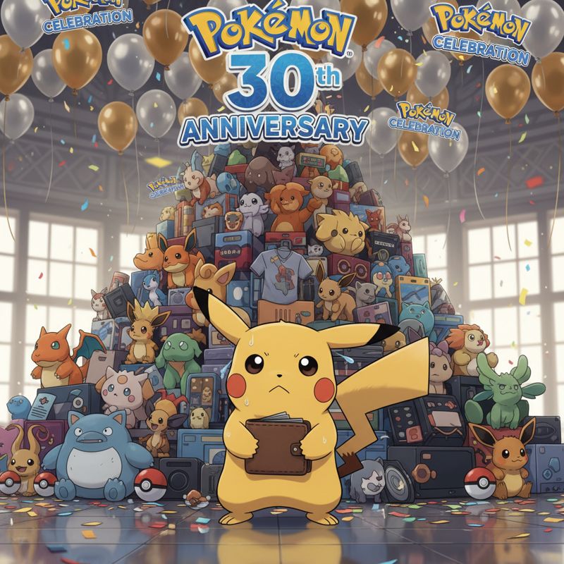 지갑을 붙잡고 있는 피카츄와 포켓몬 30주년 굿즈들