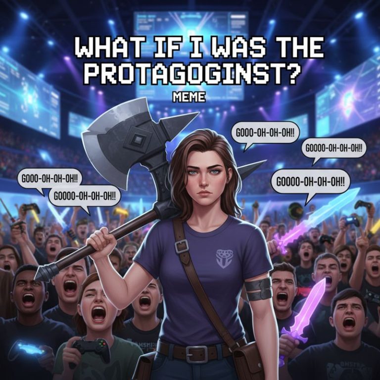 페이가 도끼를 들고 팬들 앞에 서 있는 카툰, 밈 텍스트: '내가 주인공이면 뭐가 달라질까?'