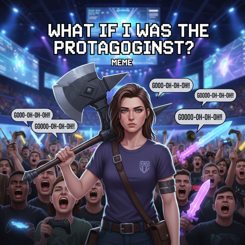 페이가 도끼를 들고 팬들 앞에 서 있는 카툰, 밈 텍스트: '내가 주인공이면 뭐가 달라질까?'