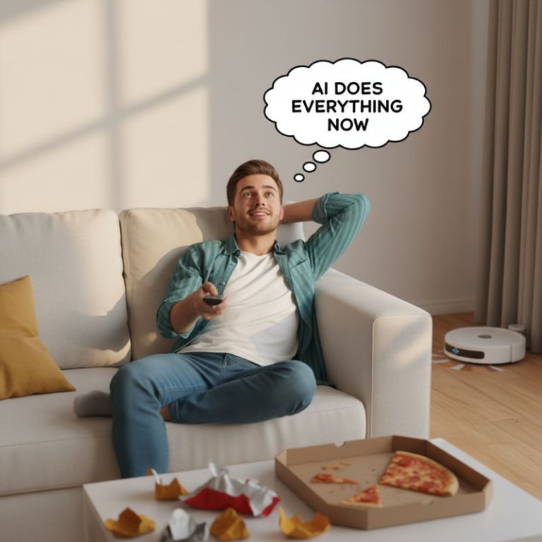 게으른 사람이 소파에 누워 AI에게 잔심부름을 시키는 모습