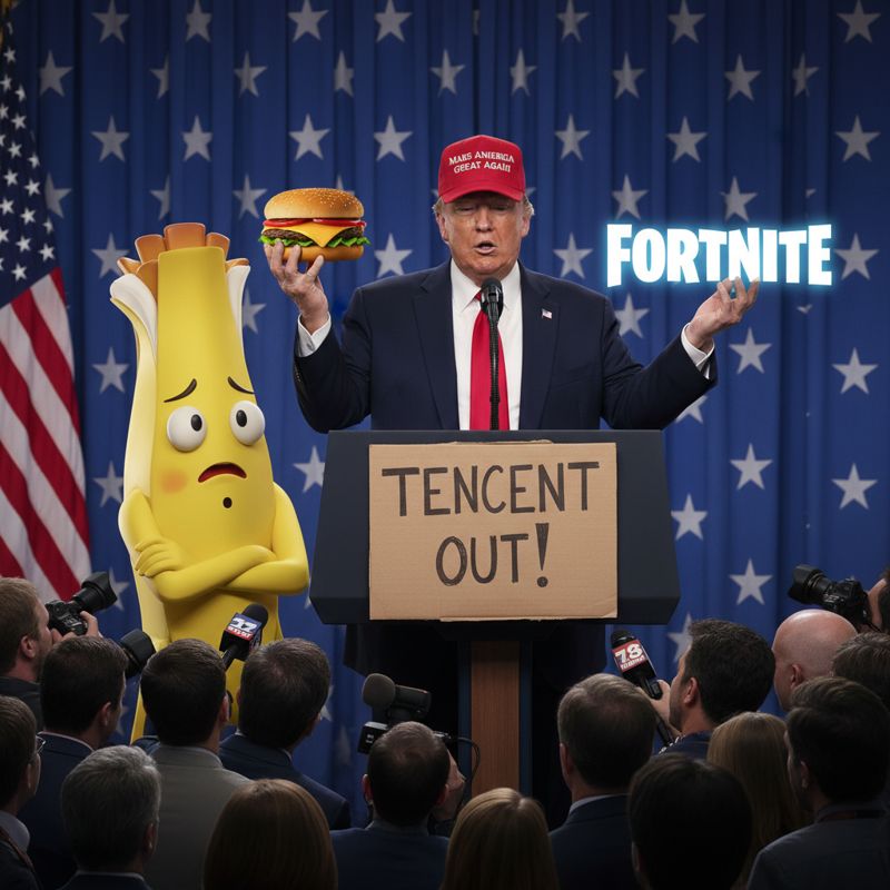 트럼프가 포트나이트 로고와 함께 텐센트 퇴출을 선언하는 모습, 옆에 당황한 포트나이트 바나나 캐릭터