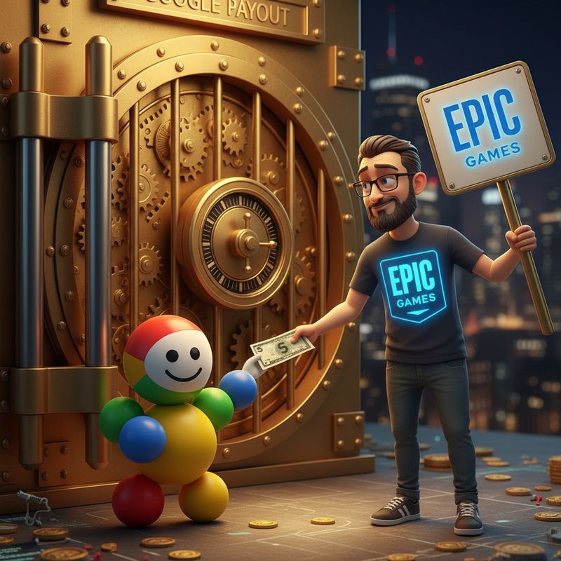 구글이 개발자에게 적은 돈을 내밀고 있으며, 개발자는 탐탁지 않은 표정으로 그것을 받고 있다.