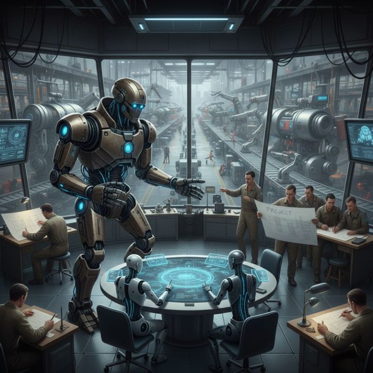 혁신적인 로봇 옆에서 구식으로 서류 작업하는 인간 직원들