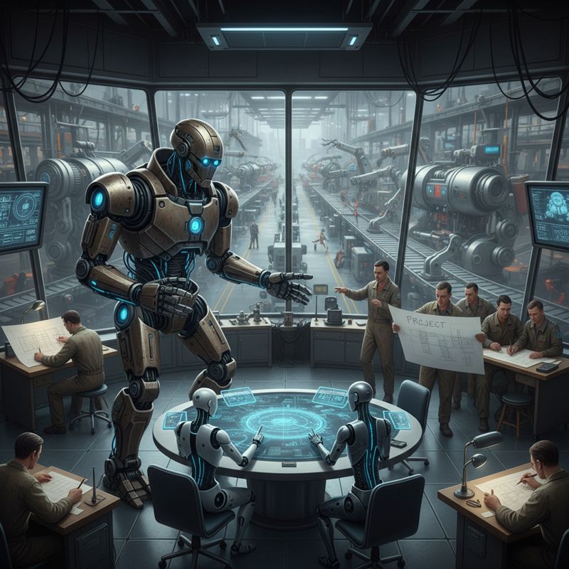 혁신적인 로봇 옆에서 구식으로 서류 작업하는 인간 직원들