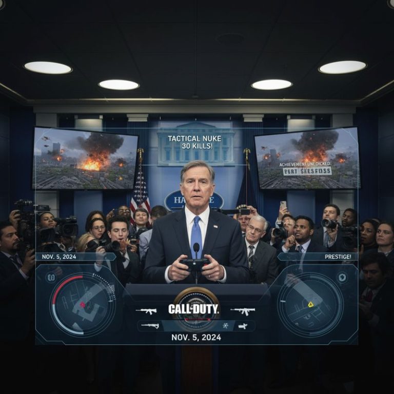 백악관에서 콜 오브 듀티 HUD와 컨트롤러를 든 대통령이 폭격을 게임처럼 발표하는 장면을 패러디한 이미지