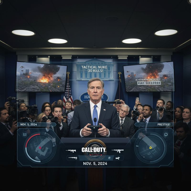 백악관에서 콜 오브 듀티 HUD와 컨트롤러를 든 대통령이 폭격을 게임처럼 발표하는 장면을 패러디한 이미지