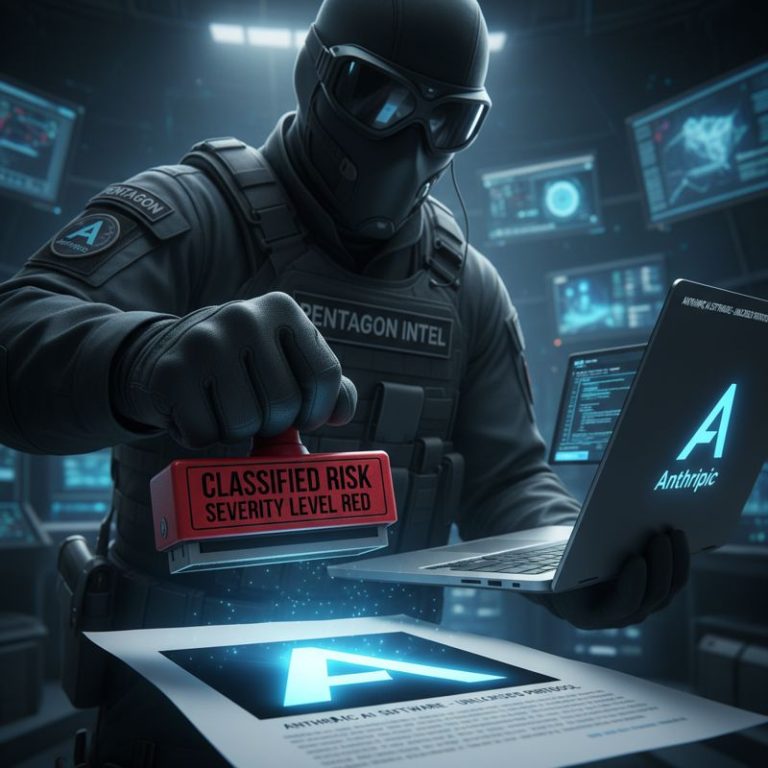 펜타곤 요원이 한 손으로 위험 경고 스탬프를 찍으면서, 다른 손으로 Anthropic 노트북을 껴안고 있는 모습