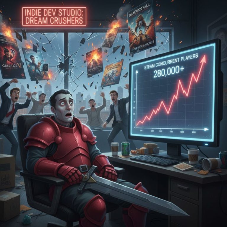 Slay the Spire 2 캐릭터가 폭증하는 동접자를 멍하니 보며, AAA 게임들이 넘어지는 모습을 배경으로 하고 있는 이미지