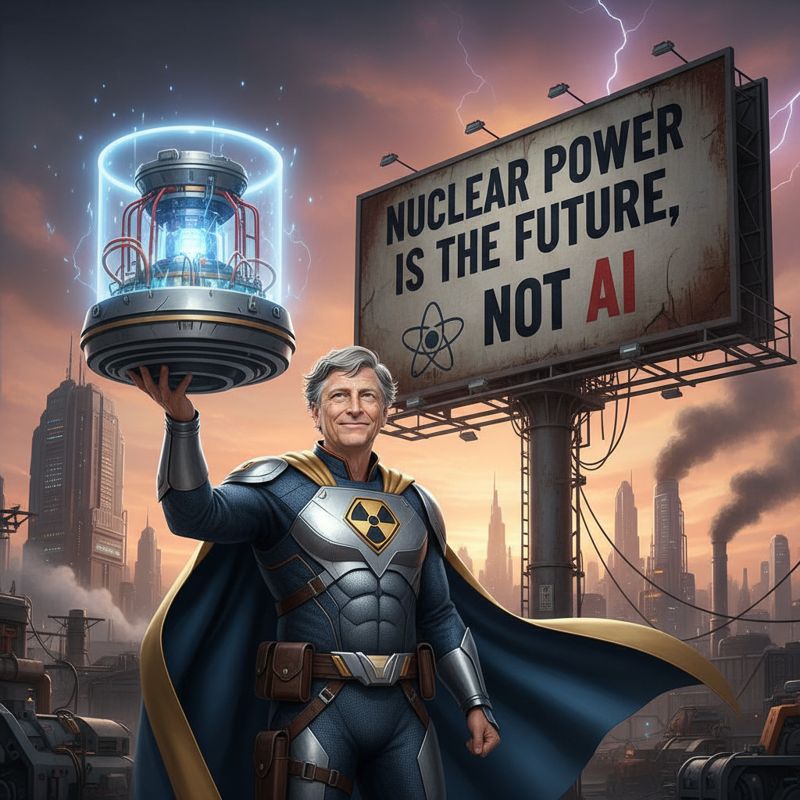 빌 게이츠가 망토를 두르고 원자력 발전기를 들고 있는 만화 스타일 이미지