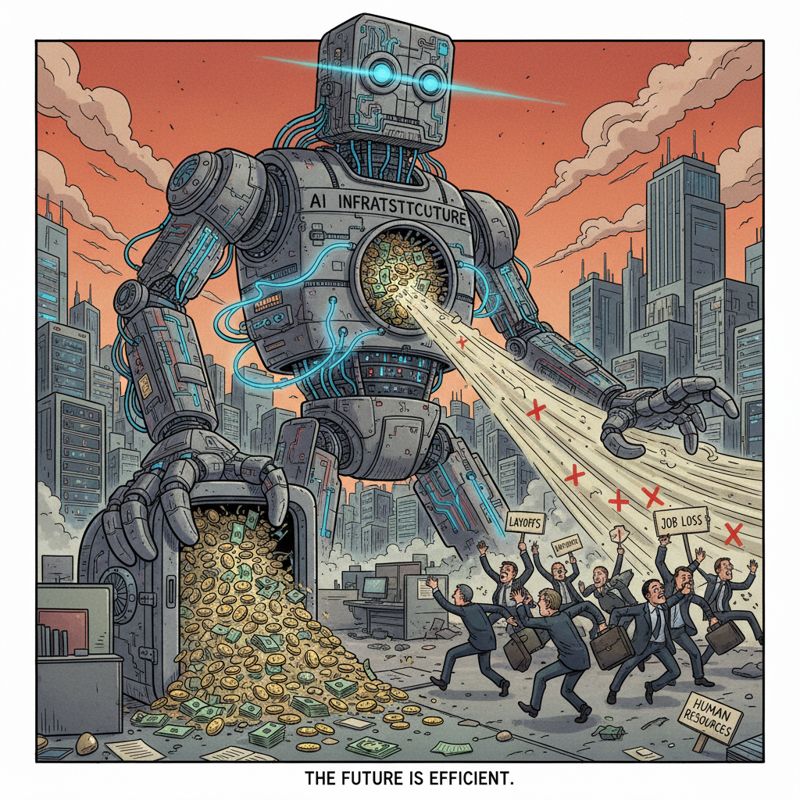 AI 로봇이 돈을 쓸어모으고, 직원들이 짐을 들고 떠나는 모습