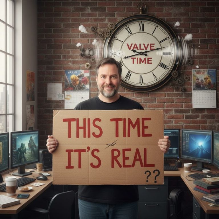 게이브 뉴웰이 '이번엔 진짜야'라고 써진 팻말을 들고 있고, 뒤에는 시간이 계속 밀리는 Valve Time 시계가 있다.