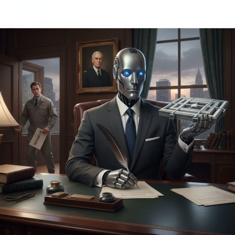 펜타곤 로고를 든 로봇, 사임서를 든 엔지니어가 배경