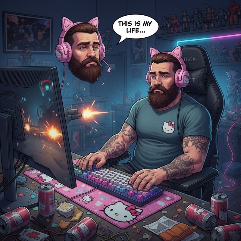 근엄한 남성 게이머가 귀여운 헬로키티 컬래버 기기들을 쓰는 모습