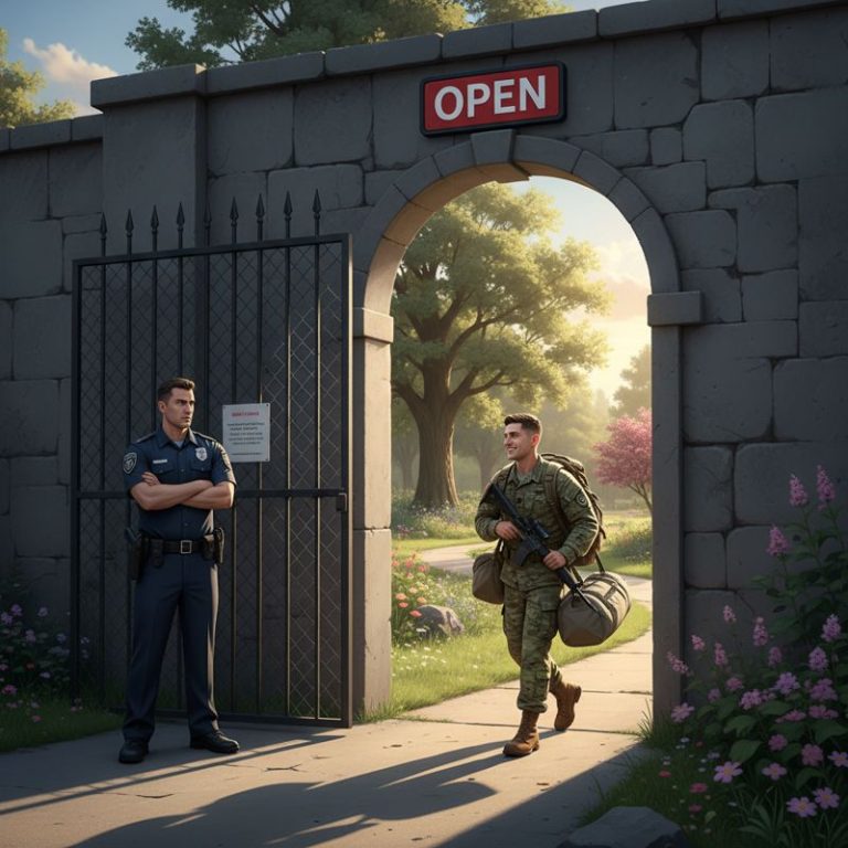 군인이 막힌 정문 대신 열린 옆길로 들어가는 모습