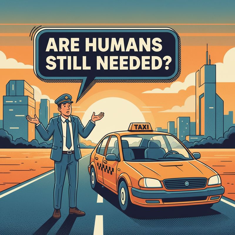 도로에서 아무것도 안 하고 있는 택시기사와 'AI가 운전한다'라는 글자