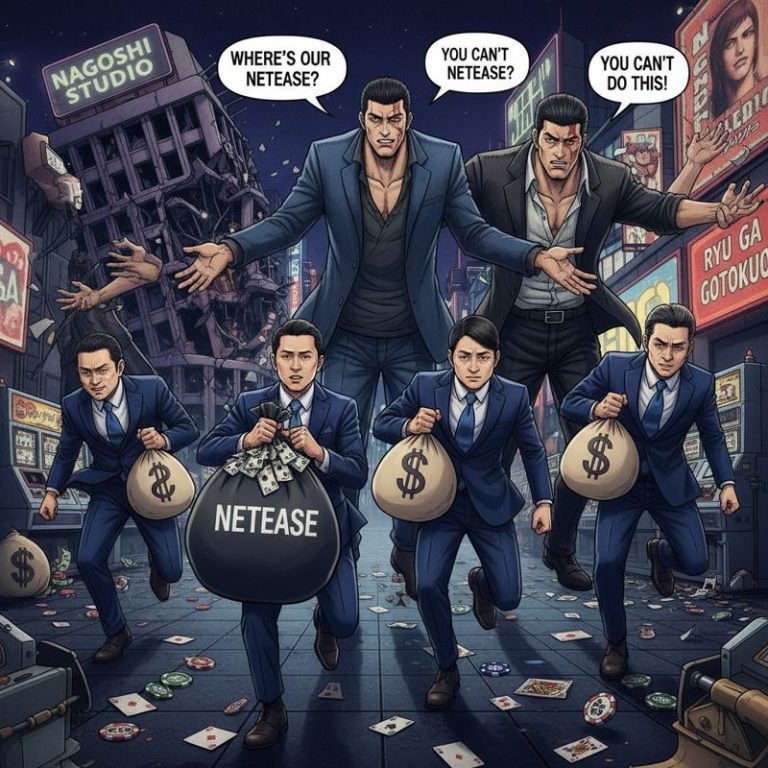 넷이즈가 돈가방 들고 떠나고, 나고시 스튜디오 캐릭터가 허탈하게 남아 있는 모습