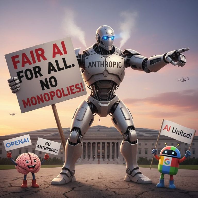 Anthropic 로봇이 펜타곤 앞에서 시위를 벌이고, OpenAI와 Google 캐릭터들이 동참하는 만화 스타일 이미지