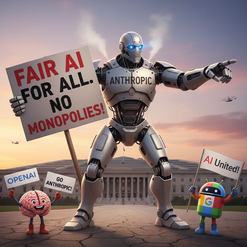 Anthropic 로봇이 펜타곤 앞에서 시위를 벌이고, OpenAI와 Google 캐릭터들이 동참하는 만화 스타일 이미지