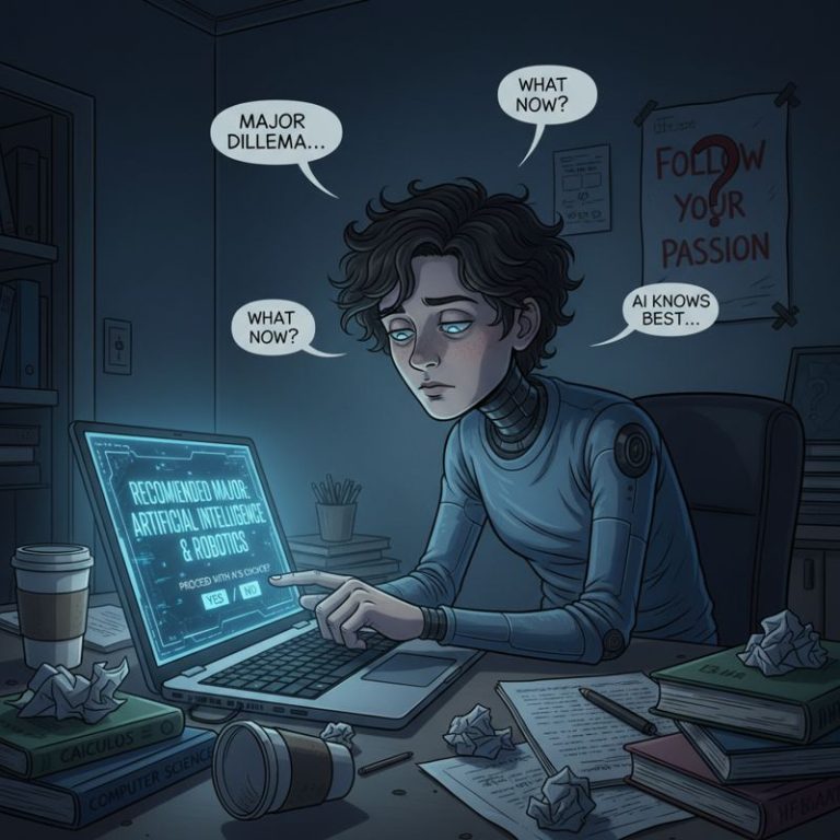 노트북 화면 속 AI가 전공을 추천해주자 고민하던 대학생이 멍하게 화면을 바라보는 모습