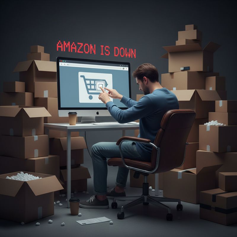사람이 컴퓨터 화면 앞에서 아마존 오류를 보고 절망하는 모습