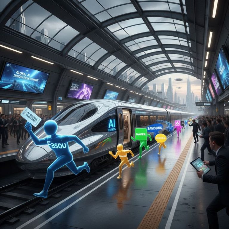 기업 로고가 박힌 캐릭터들이 AI 특급열차에 오르려 아등바등하는 장면