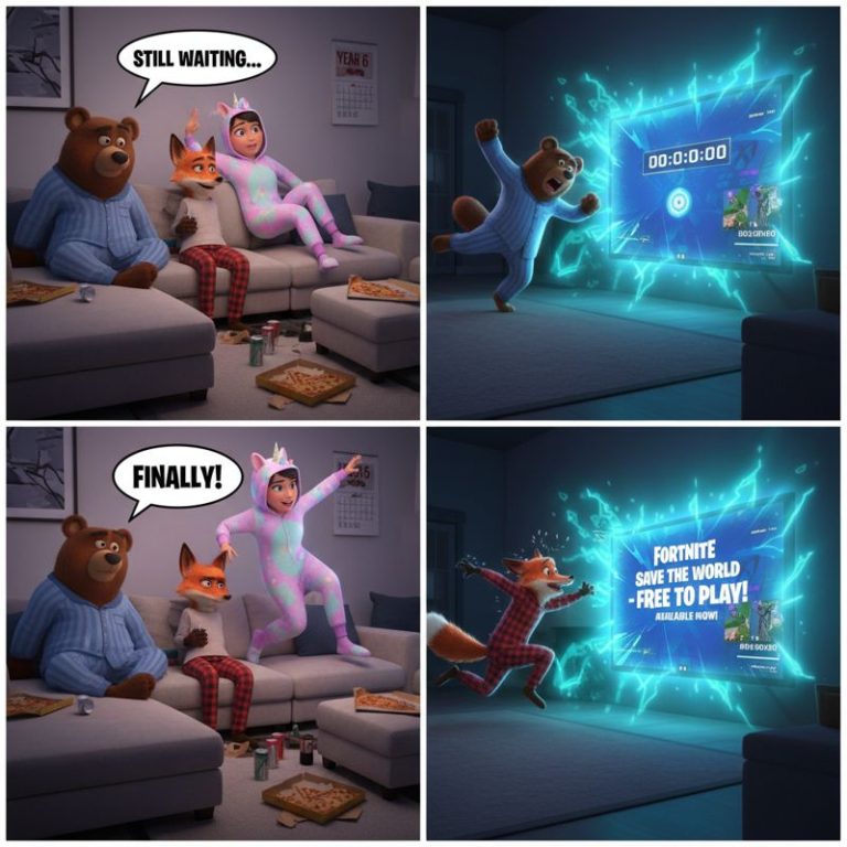 포트나이트 캐릭터들이 무료 소식에 깜짝 놀라 뛰는 장면