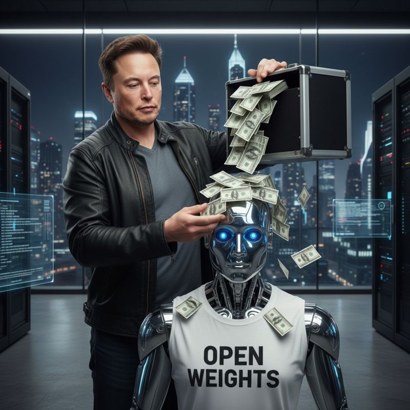 AI 로봇이 'open weights' 티셔츠를 입고 있고, 억만장자가 돈다발을 붓는다