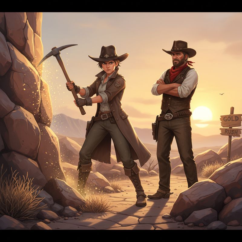 트레이서가 서부 복장으로 금 캐기, 옆에 존 마스턴이 멍하니 쳐다보는 모습